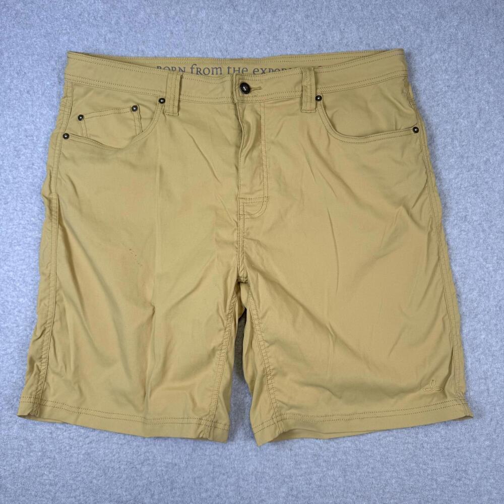 PrAna Men's Size 38 Tan Flat Front Bermuda Shorts 9" Inseam
